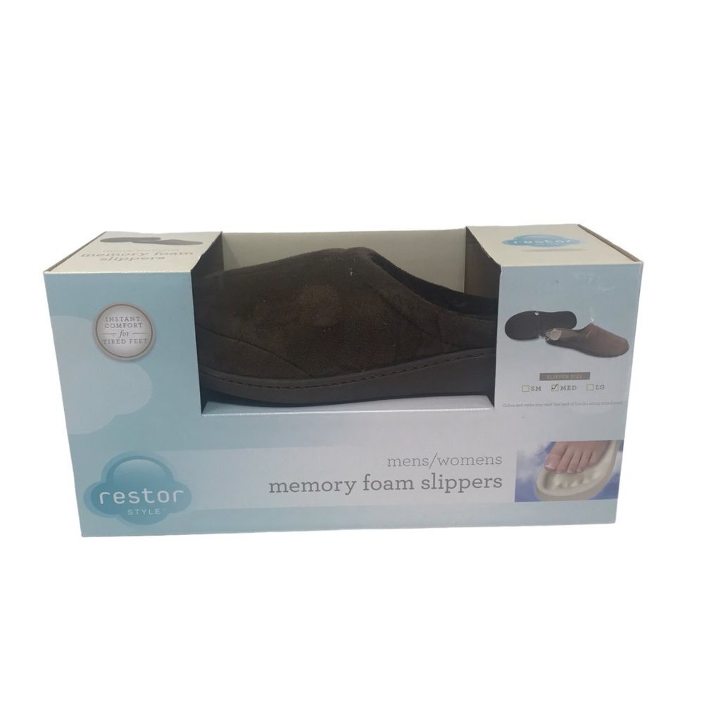 Restor Style Dark Brown Memory Foam Slippers Size Medium Mens 8-9 Womens 9-10